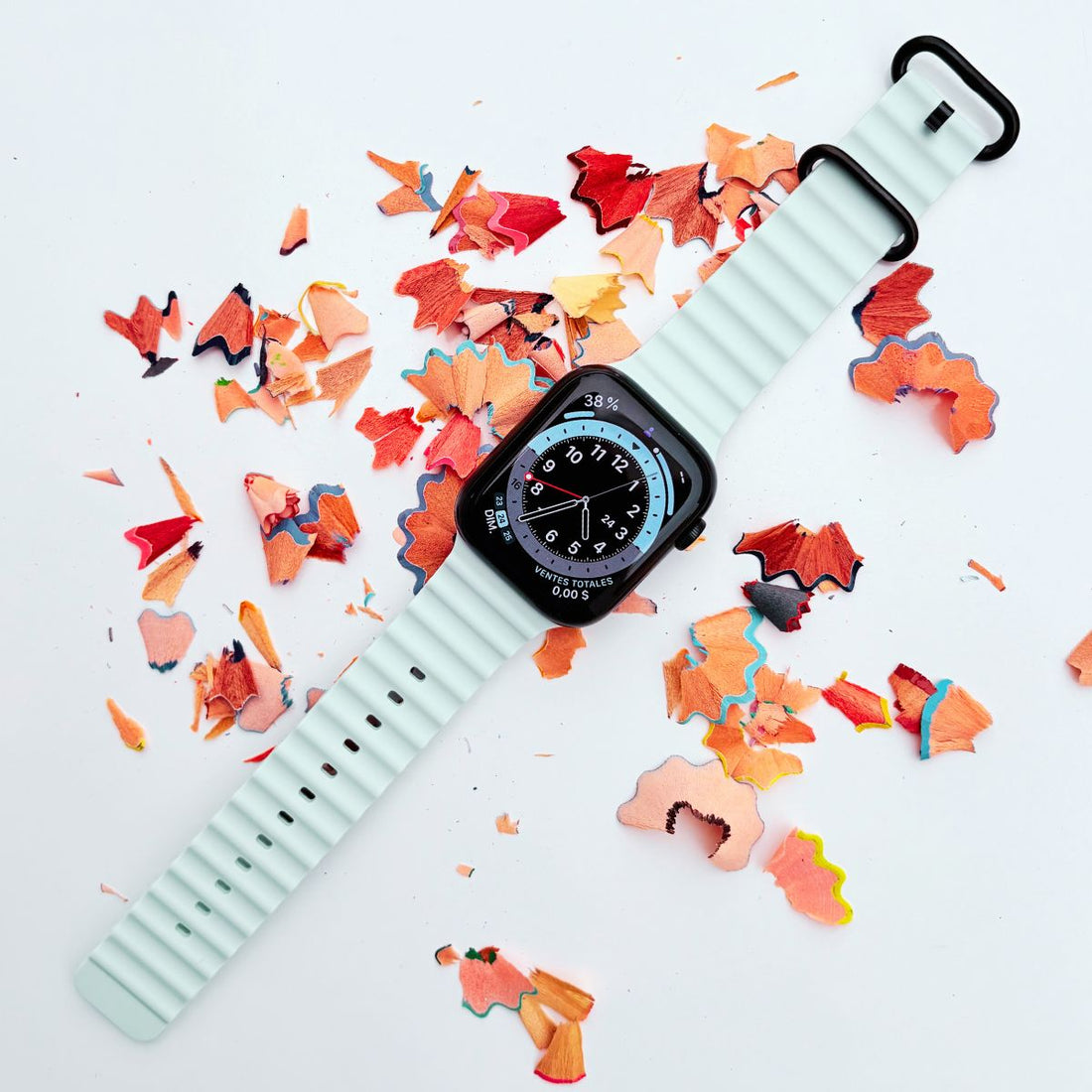 Apple watch series 11 with Ice Blue Ocean band on a white background