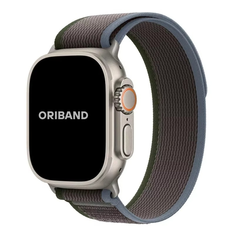 Blue Black Trail Loop Apple Watch band with hook-and-loop closure, engineered for comfort and secure fit.