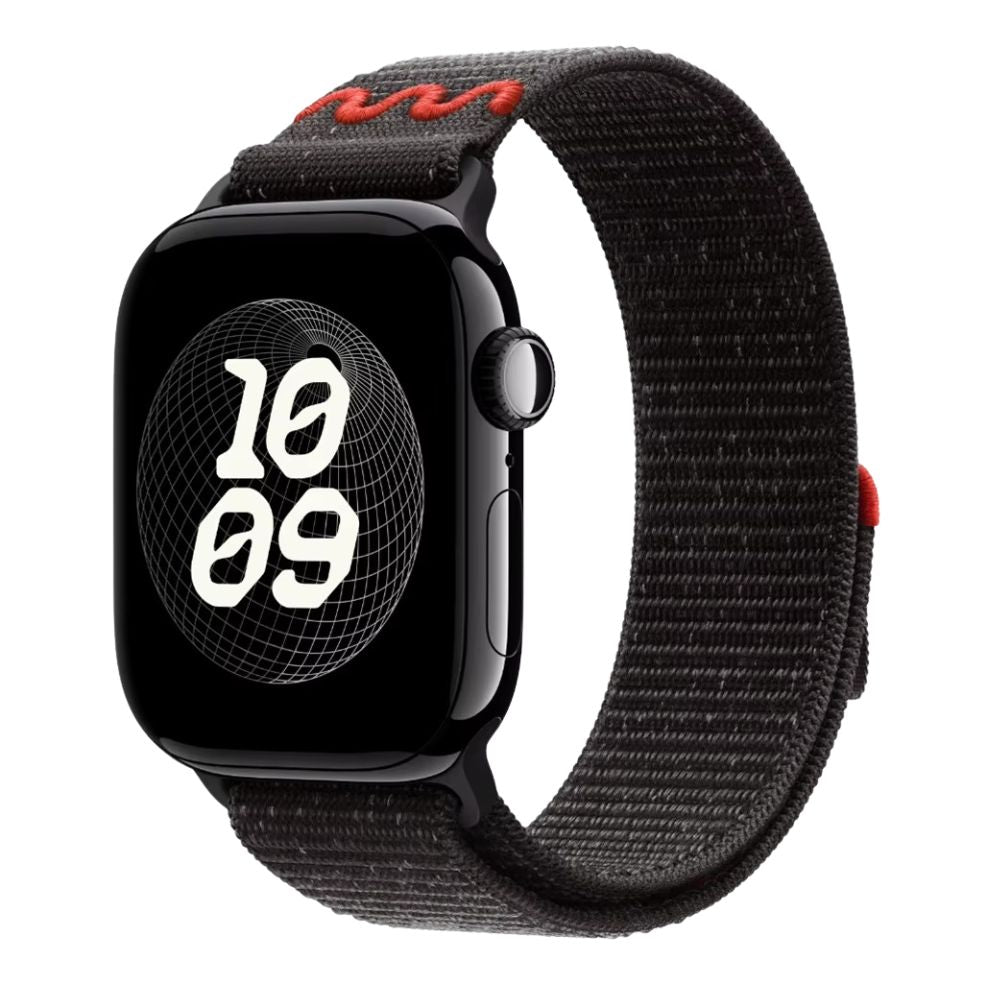 Apple Watch series 10 with a Midnight Black Nike sport loop band on a white background