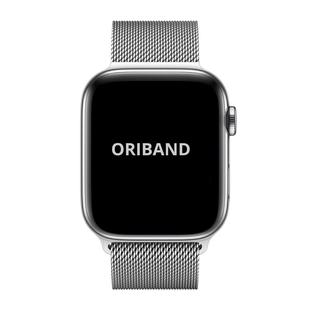 Face profile of Apple Watch with silver Milanese Loop strap with breathable stainless steel mesh design, featuring the brand 'ORIBAND'.