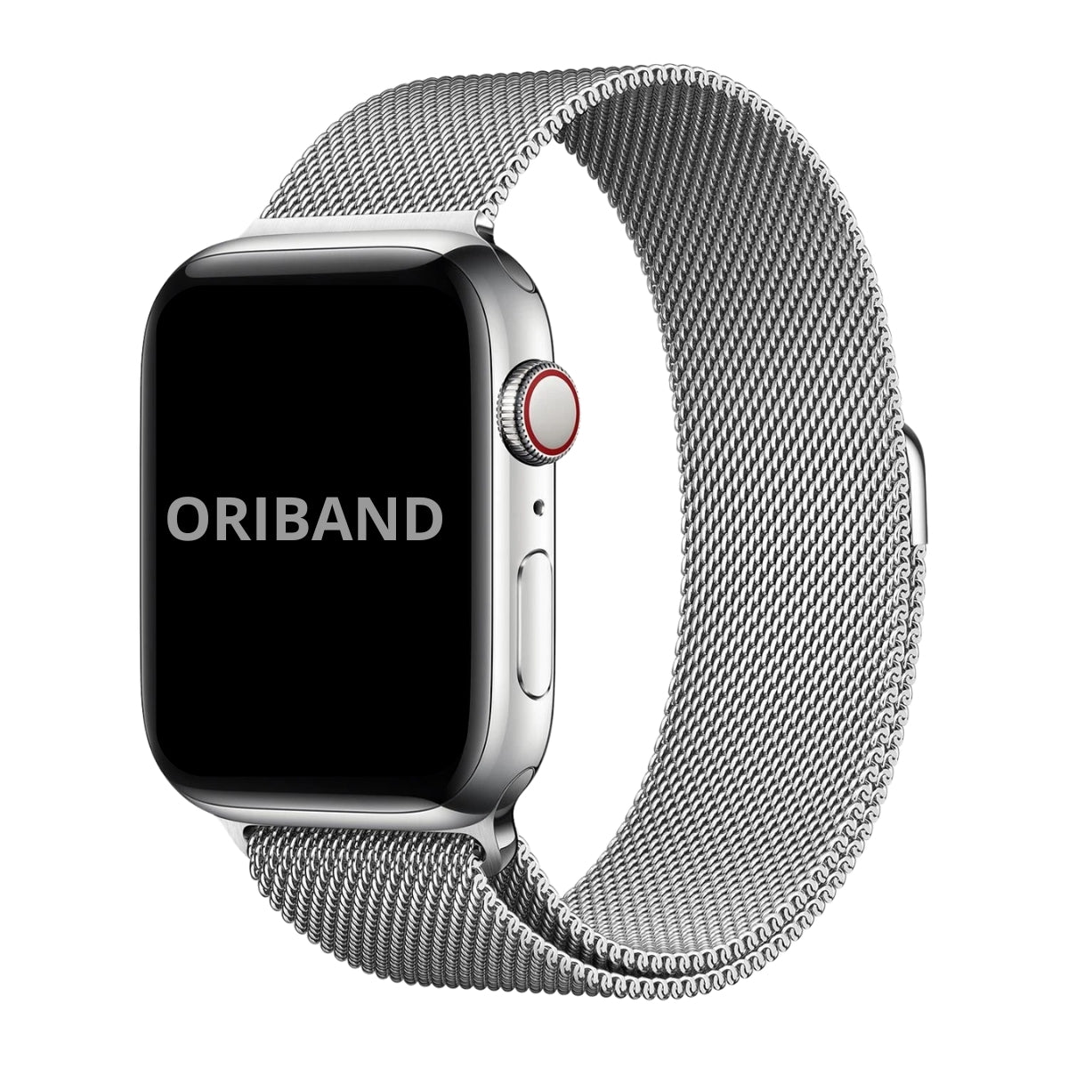 Silver Milanese Loop band for Apple Watch with magnetic clasp, stainless steel mesh strap on white background, featuring the brand 'ORIBAND'.