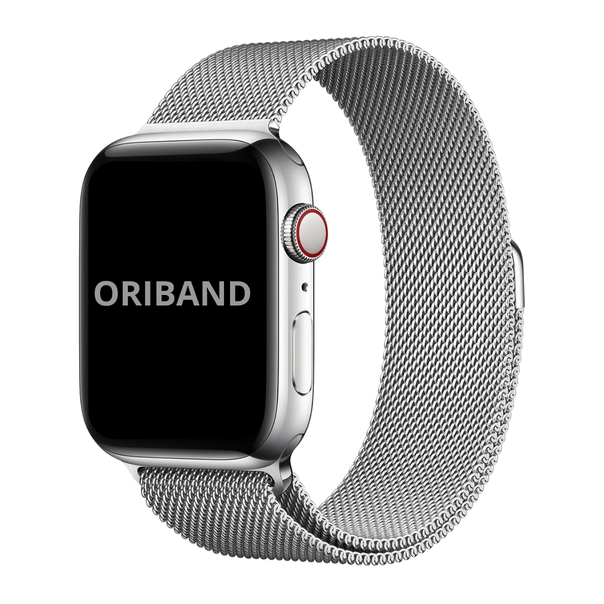 Silver Milanese Loop band for Apple Watch with magnetic clasp, stainless steel mesh strap on white background.