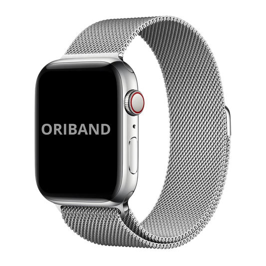 Silver Milanese Loop band for Apple Watch with magnetic clasp, stainless steel mesh strap on white background.
