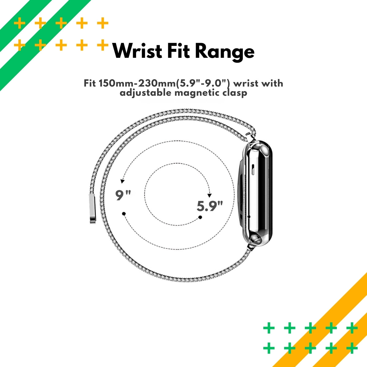 Apple watch Wrist fit range diagram of Milanese Loop with adjustable magnetic clasp on a white background