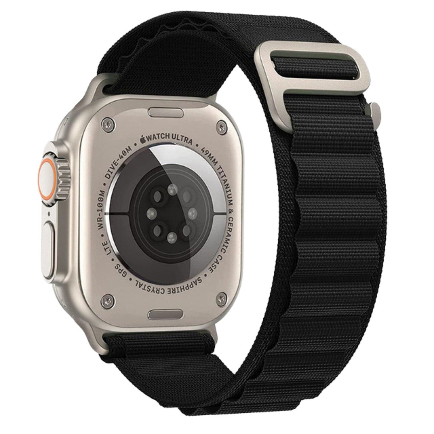 Apple Watch with Black Alpine Loop – side angle