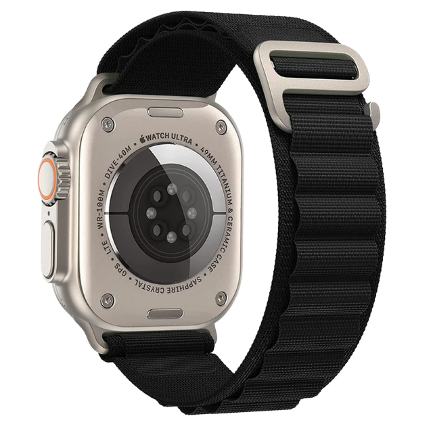Apple Watch with Black Alpine Loop – side angle
