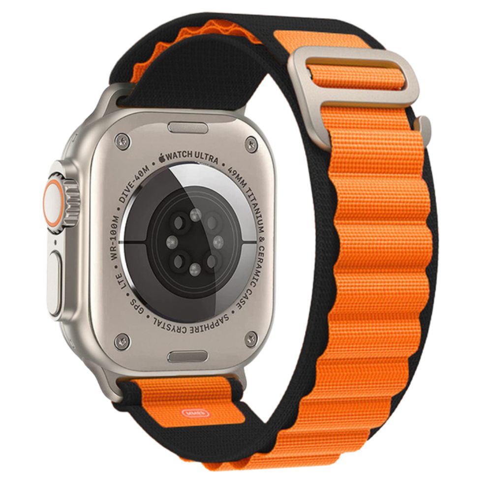 Apple Watch with Black Orange Alpine Loop – side angle