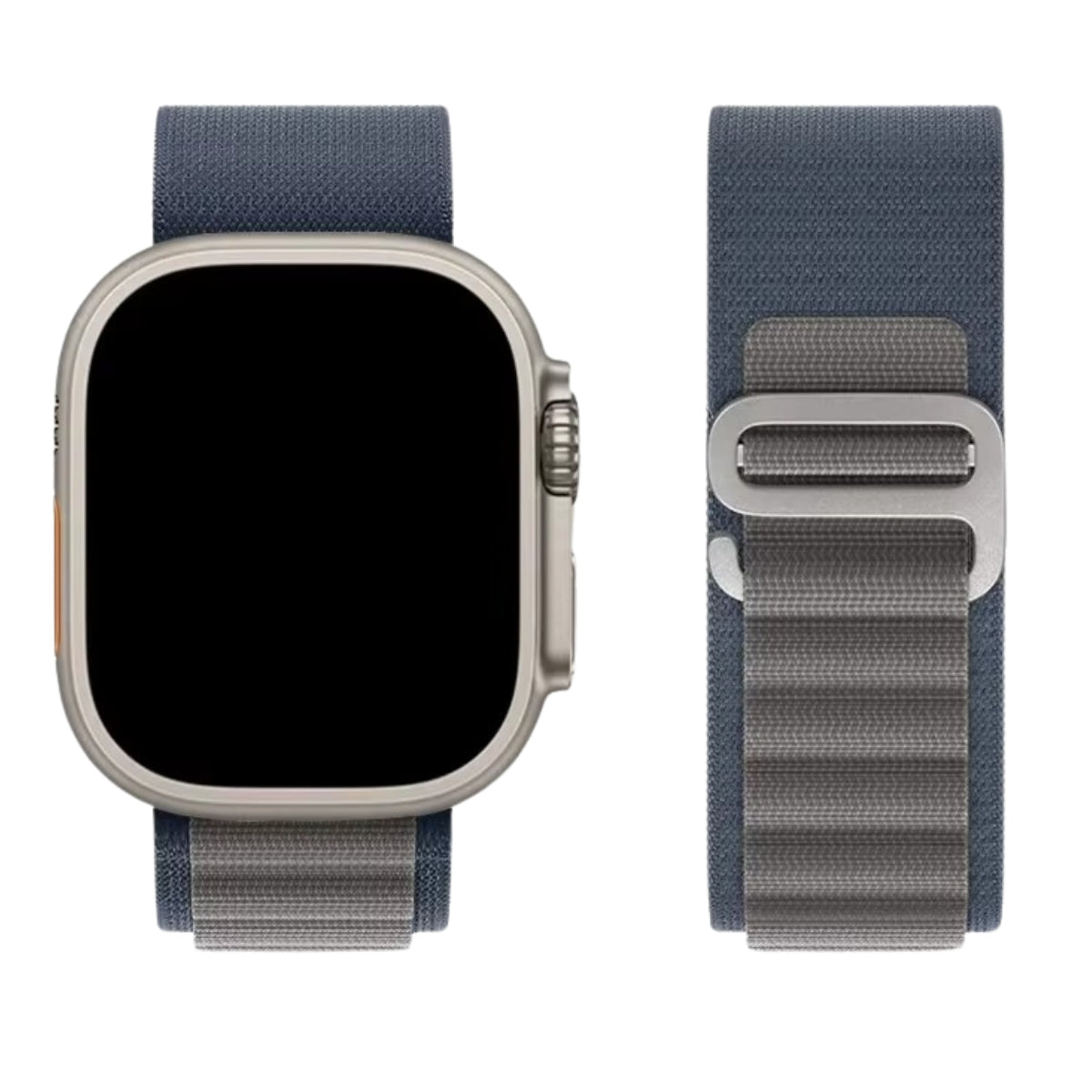 Alpine Loop band in Blue attached to Silver Apple Watch Ultra front view