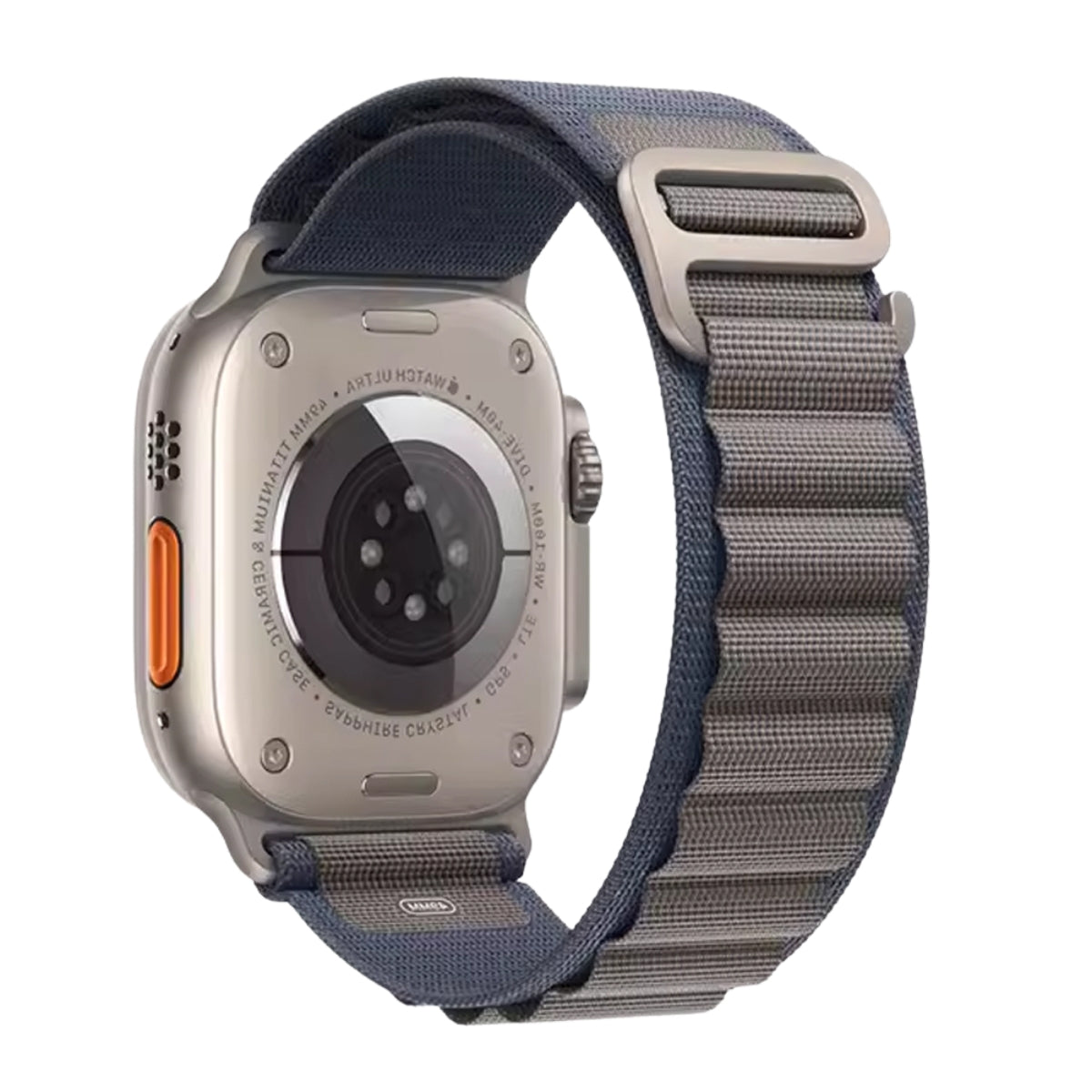 Apple Watch Ultra with Blue Alpine Loop nylon band, titanium case back view