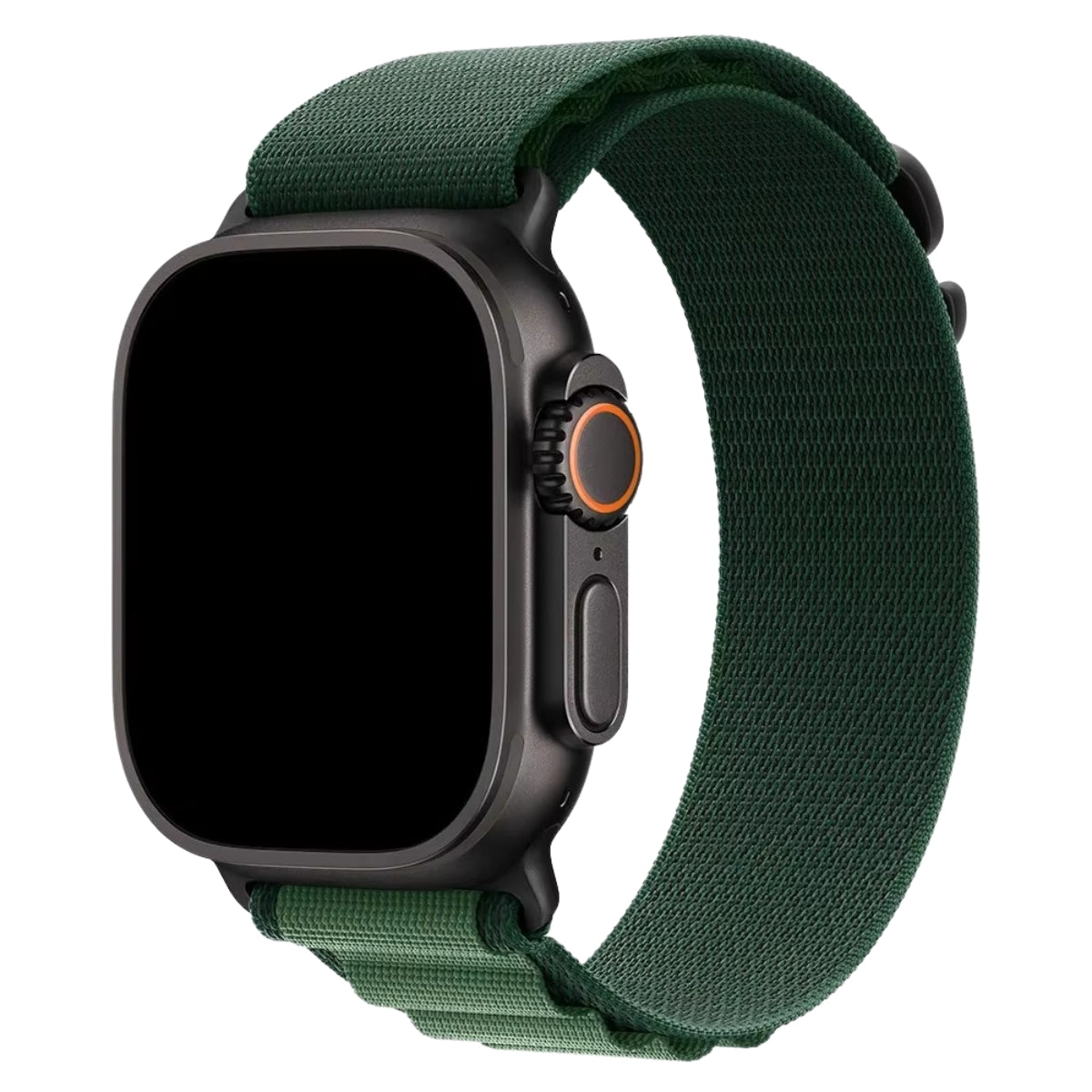Alpine Loop band in Dark Green attached to Black Apple Watch Ultra front view