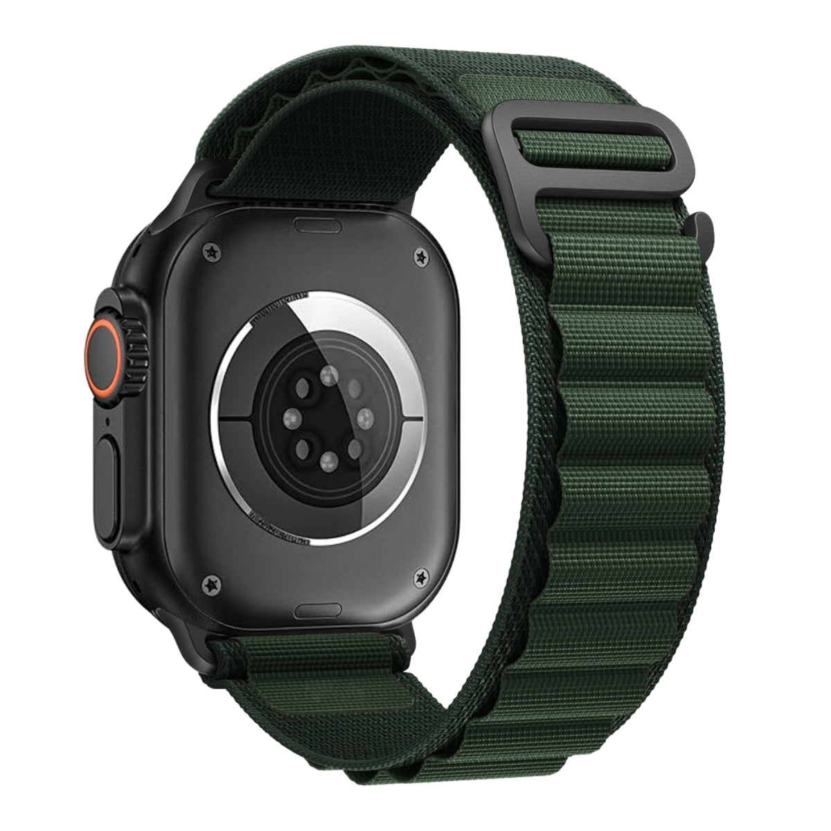 Apple Watch Ultra with Dark Green Alpine Loop – side angle