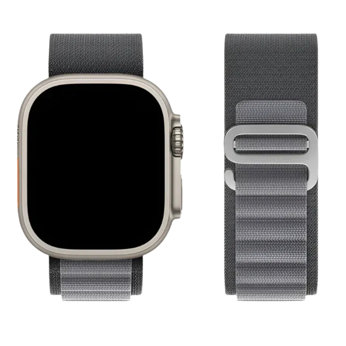 Alpine Loop band in Deep Gray attached to Silver Apple Watch Ultra front view