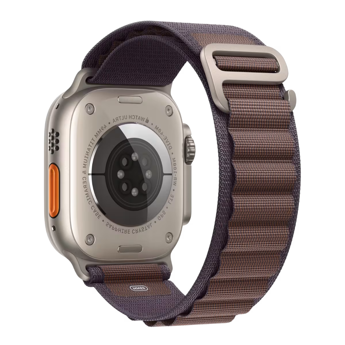 Front view Apple watch Ultra 2 with Indigo Alpine Loop Band and silver buckle on transparent background.