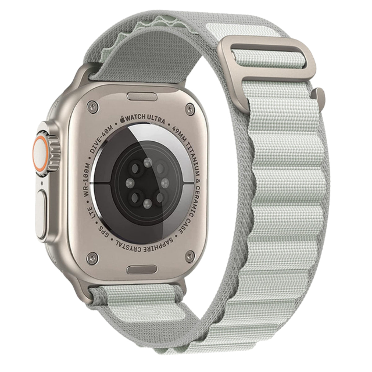 Apple Watch Ultra with Light Gray Alpine Loop nylon band, titanium case back view