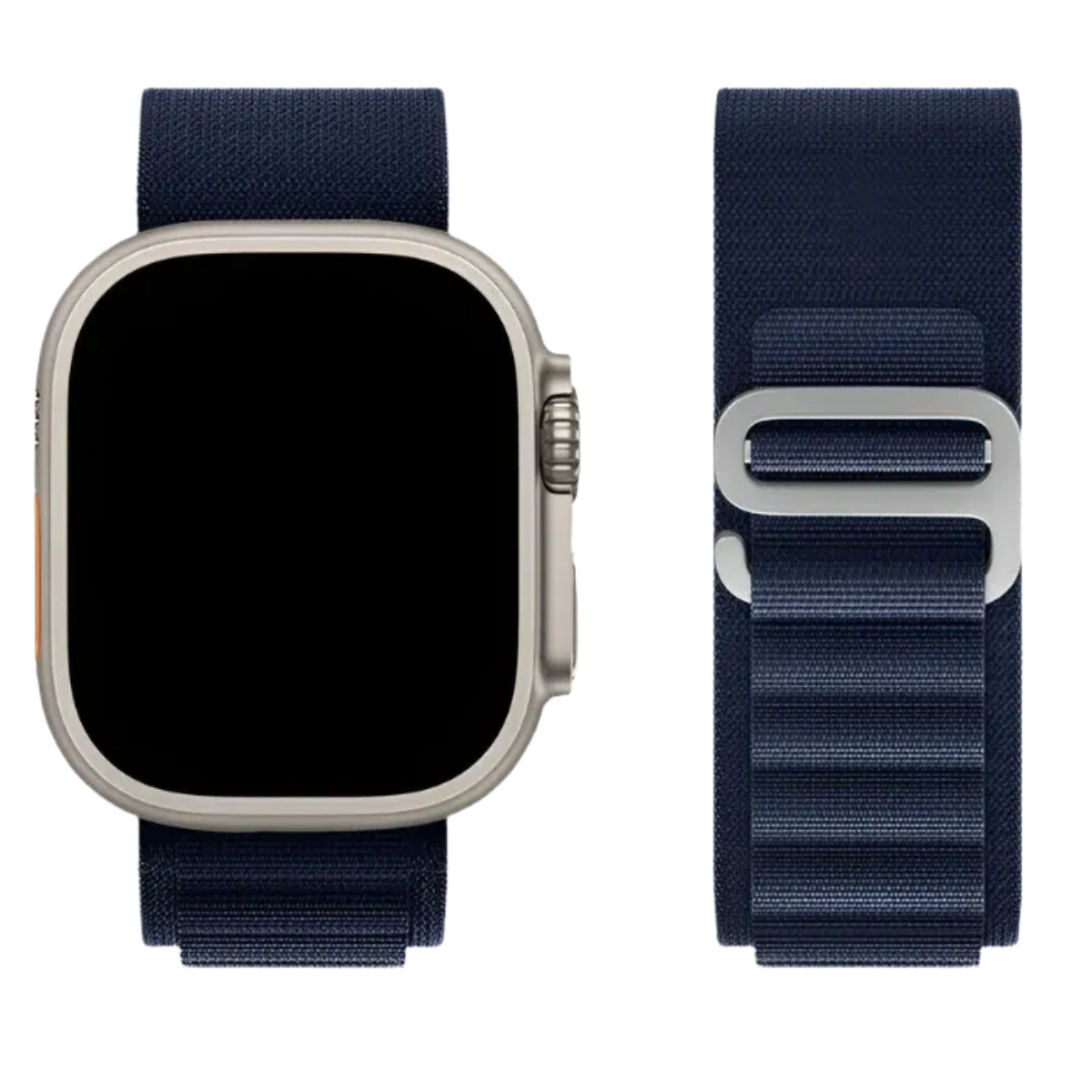 Alpine Loop band in Midnight Blue attached to Silver Apple Watch Ultra front view