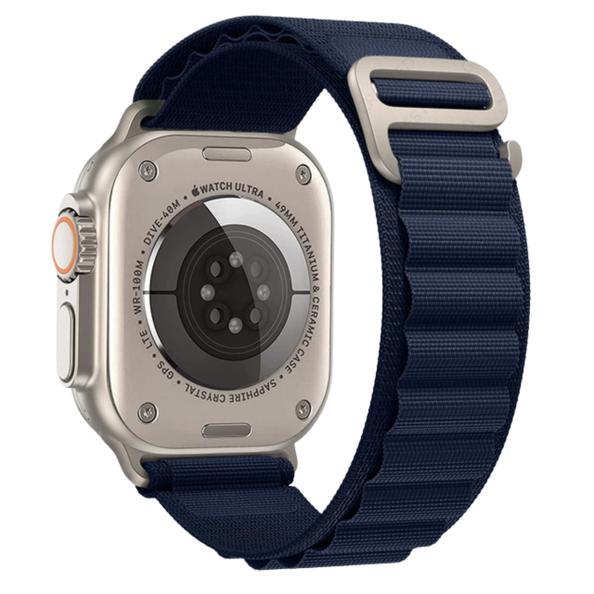 Apple Watch Ultra with Midnight Blue Alpine Loop nylon band, titanium case back view