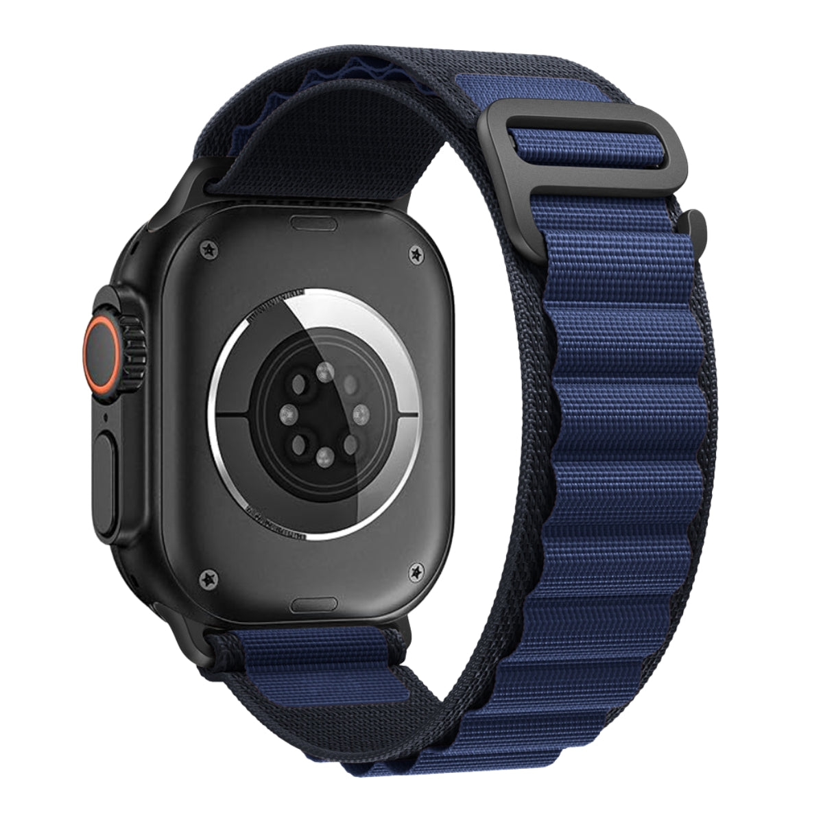 Apple Watch with Navy Alpine Loop – side angle