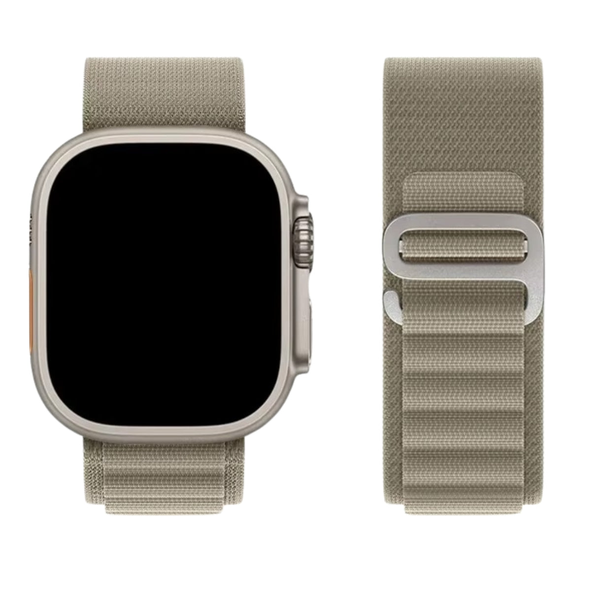 Alpine Loop band in Olive attached to Silver Apple Watch Ultra front view