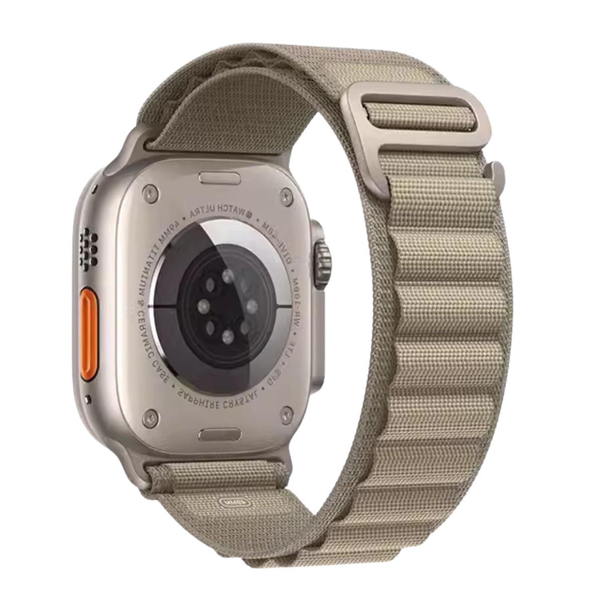 Apple Watch Ultra with Olive Alpine Loop nylon band, titanium case back view