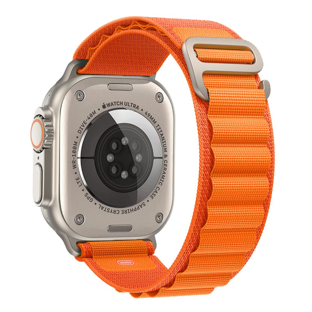 Apple Watch with Orange Alpine Loop – side angle