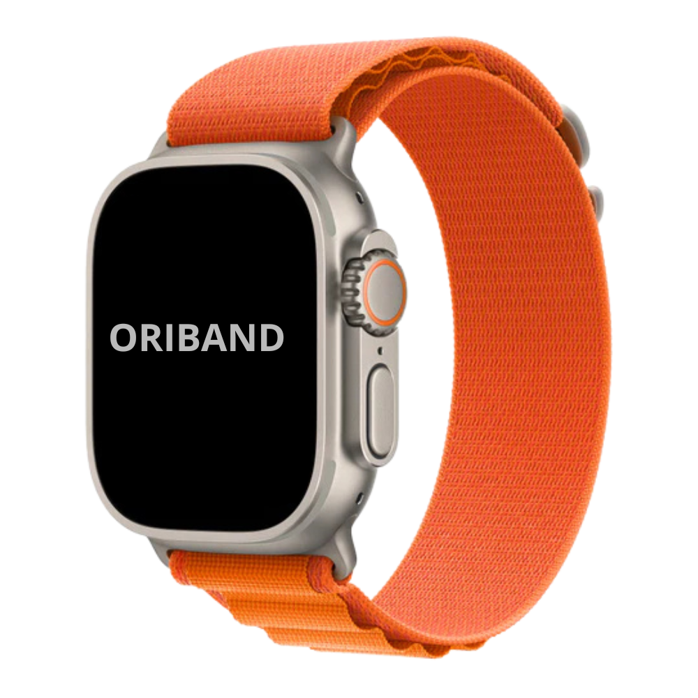 Front view Apple watch ultra with Orange alpine loop band, featuring the brand 'ORIBAND'.