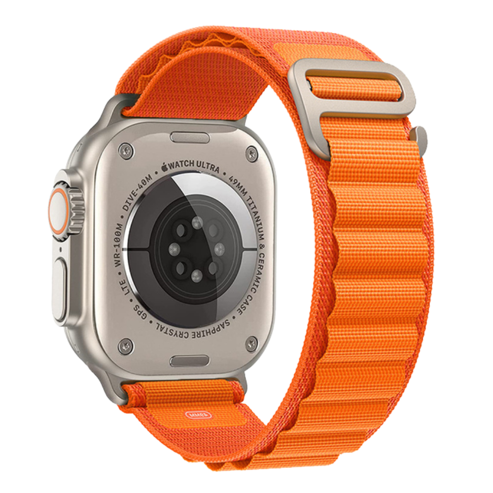 Apple Watch with Orange Alpine Loop – side angle