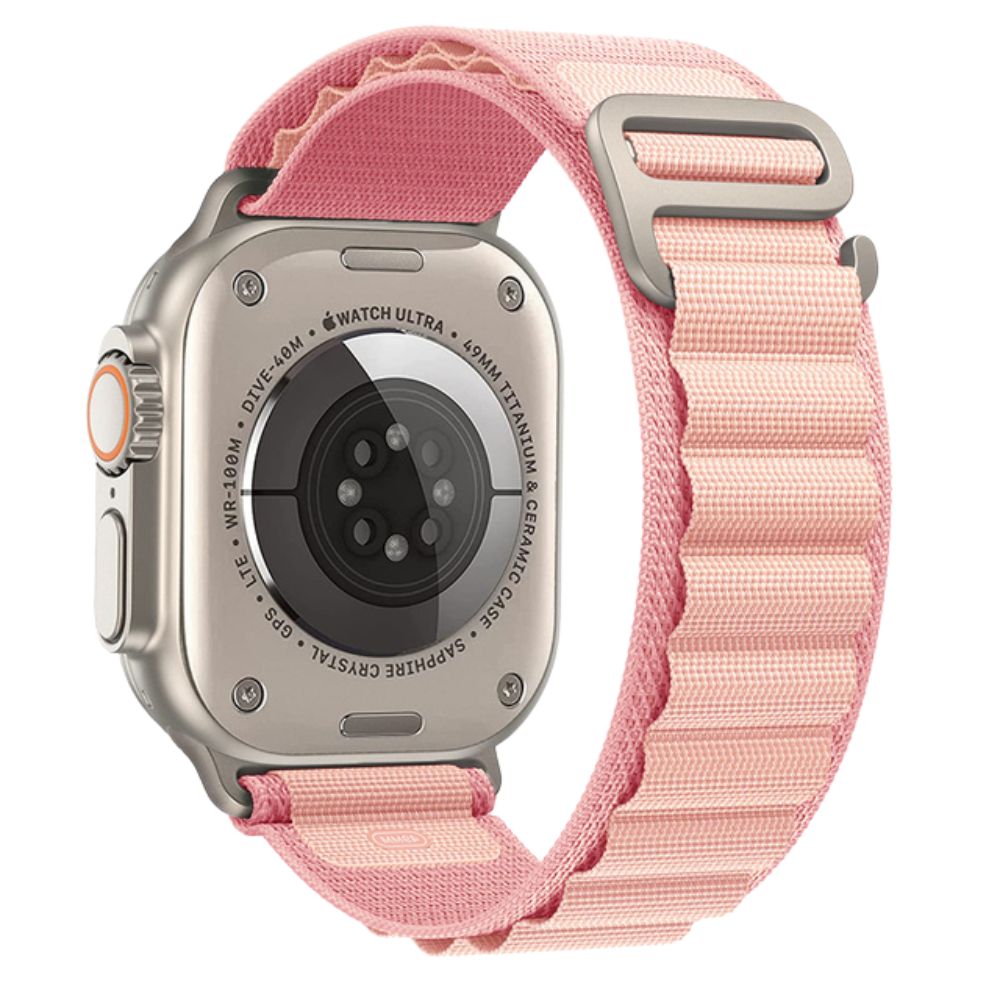 Apple Watch with Pink Sand Alpine Loop – side angle
