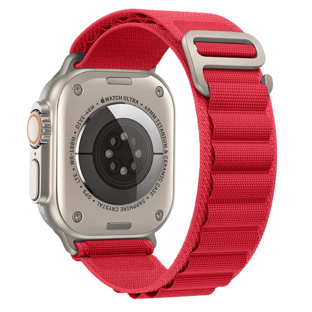 Apple Watch with Red Alpine Loop – side angle