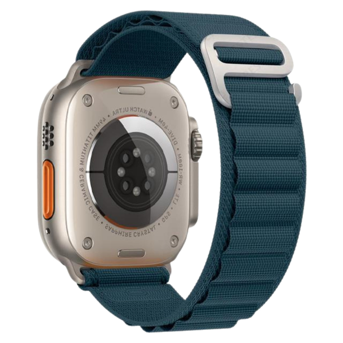 Apple Watch Ultra with Rock green Alpine Loop nylon band, titanium case back view