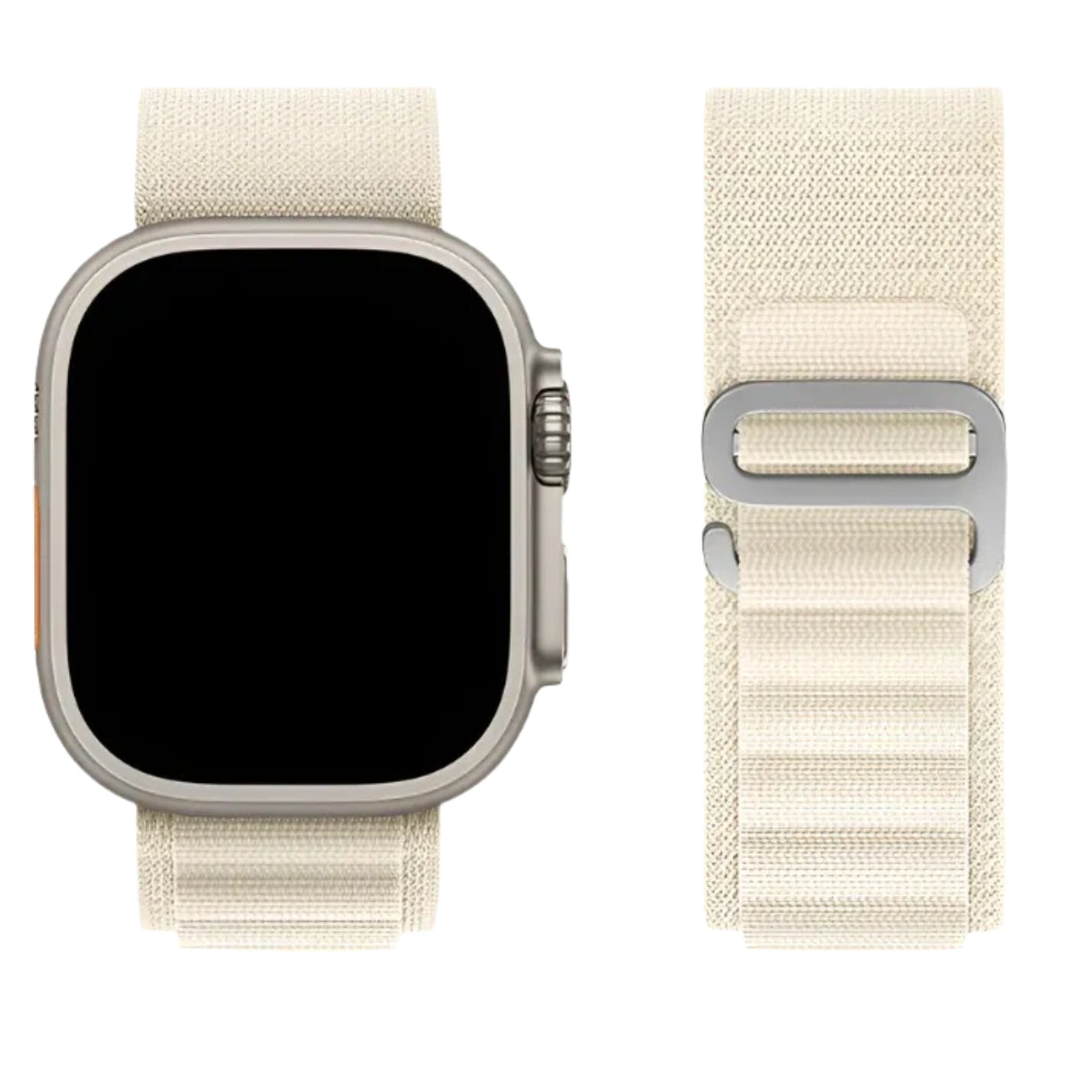 Alpine Loop band in Starlight attached to Silver Apple Watch Ultra front view