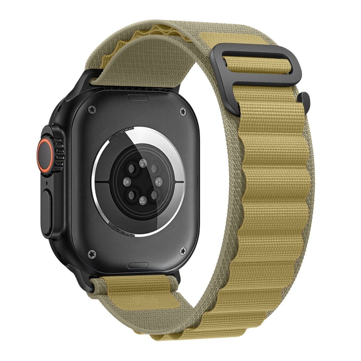 Apple Watch with Tan Alpine Loop – side angle