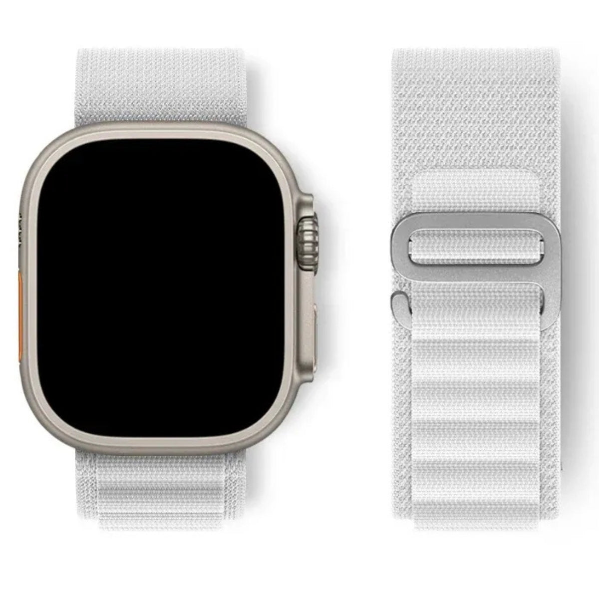 Alpine Loop band in White attached to Silver Apple Watch Ultra front view