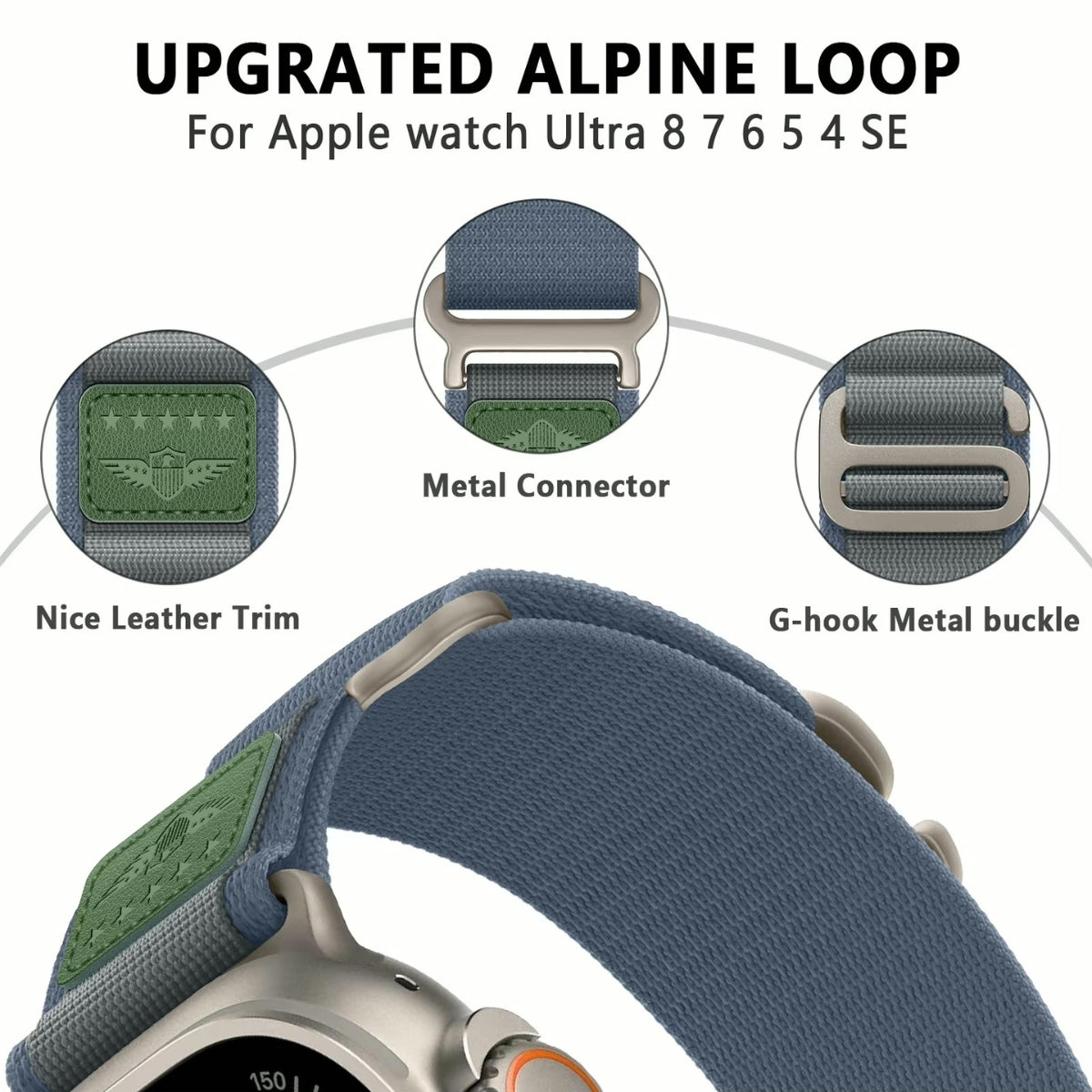 Close-up of secure connector and detailed leather tag on rugged nylon Apple Watch Ultra band.