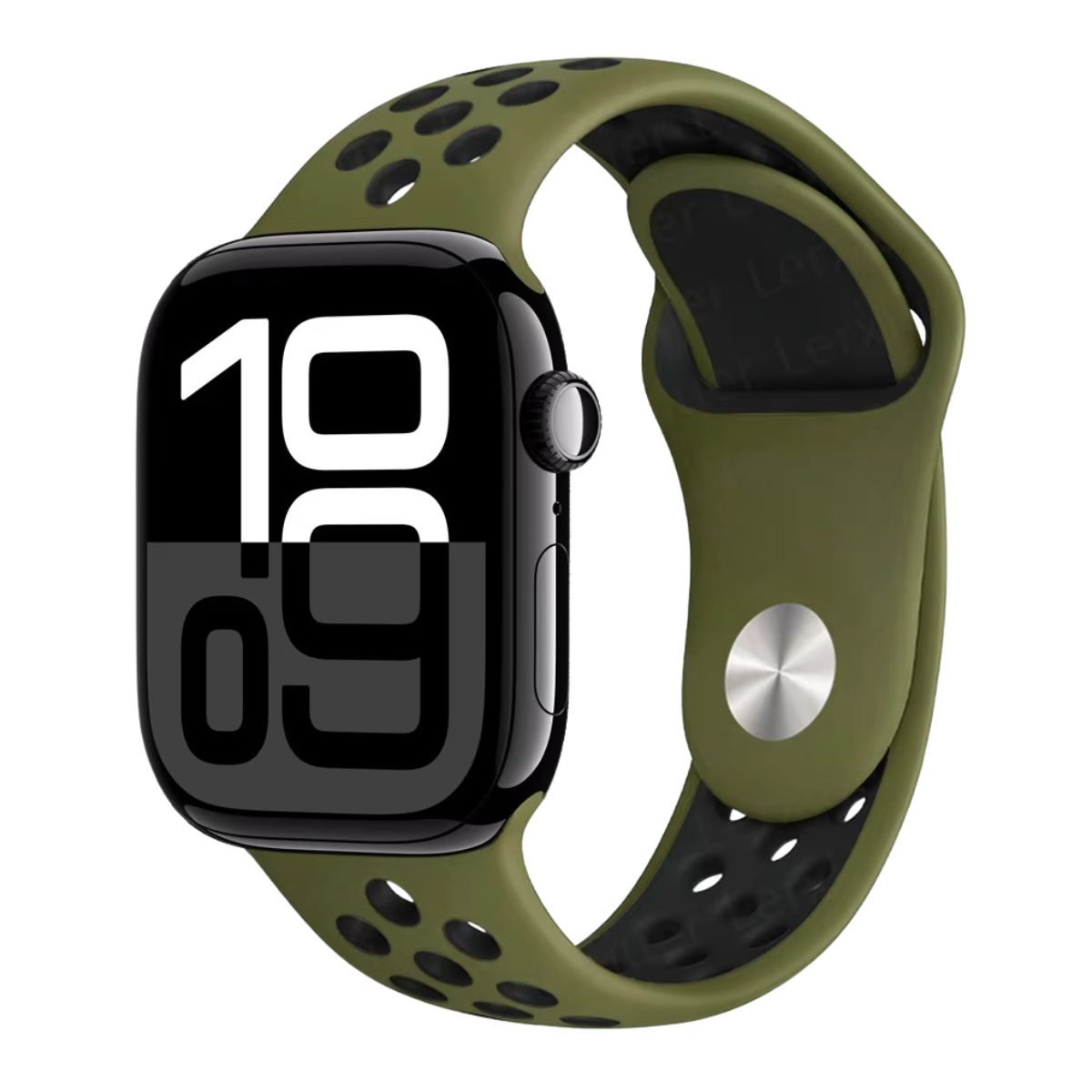 Apple Watch series 10 with a Army green Silicone band on a white background
