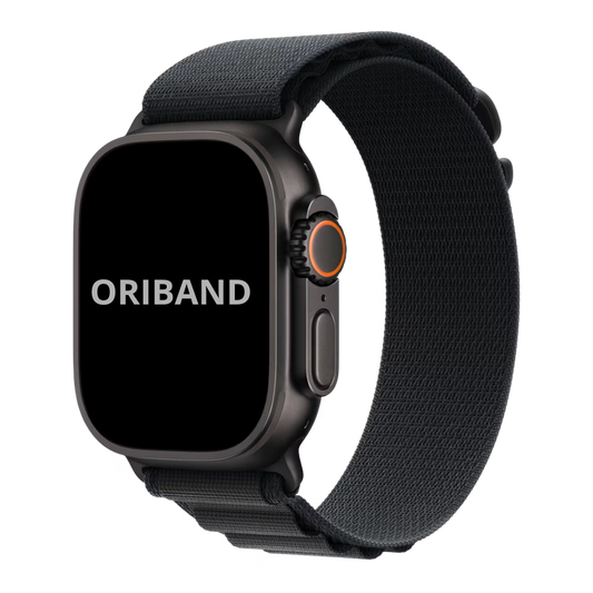 Face view Apple watch Ultra 3 with Black Alpine loop band and black hardware finish.