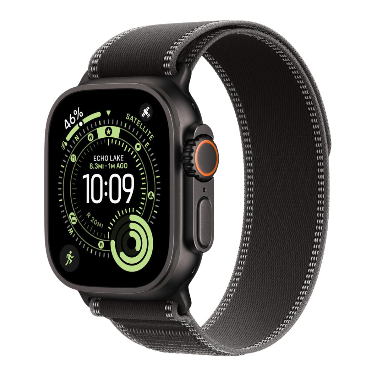 Black Apple Watch Ultra with a black/charcoal Trail loop band on a white background