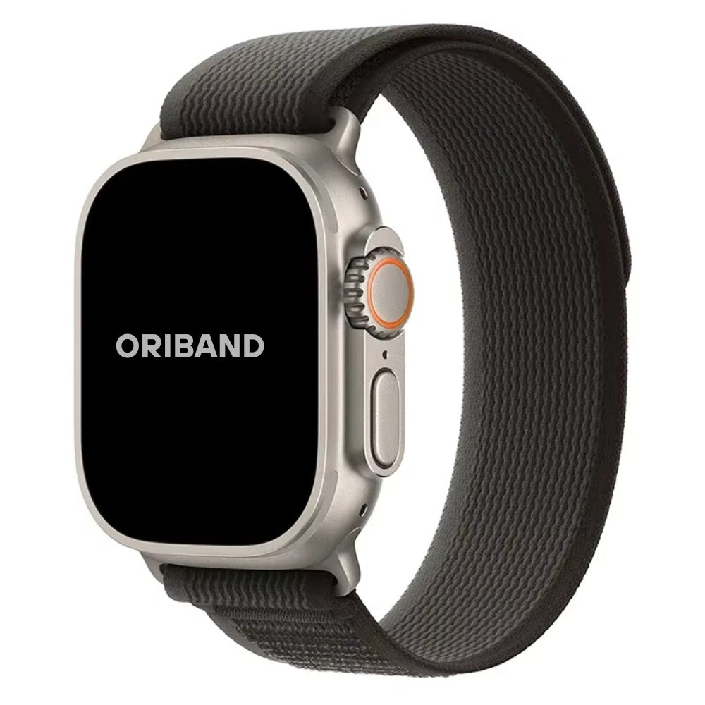 Black Gray Trail Loop Apple Watch band featuring dual-tone styling and soft, durable weave for everyday wear.