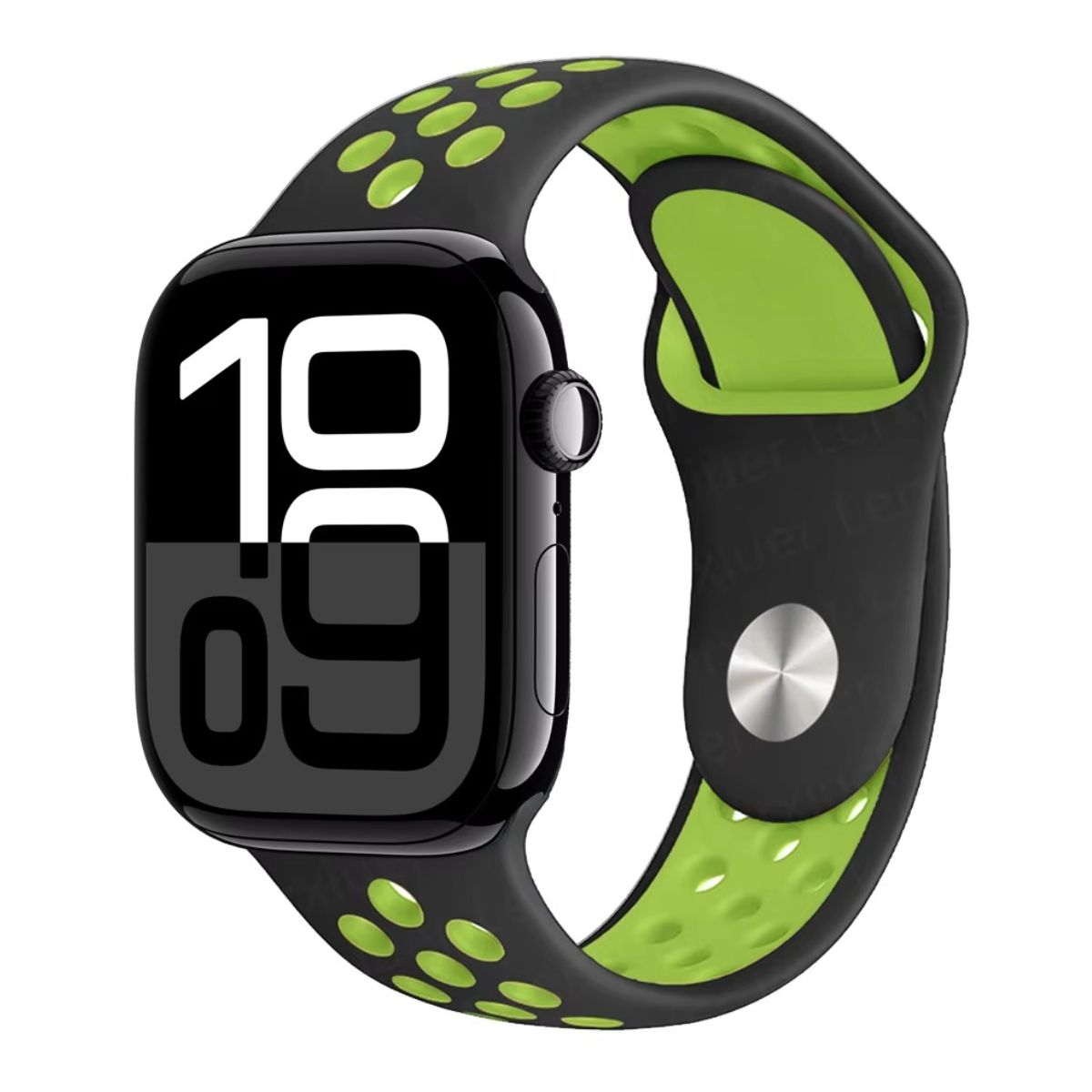 Apple Watch series 10 with a black and green silicone sports band on a white background