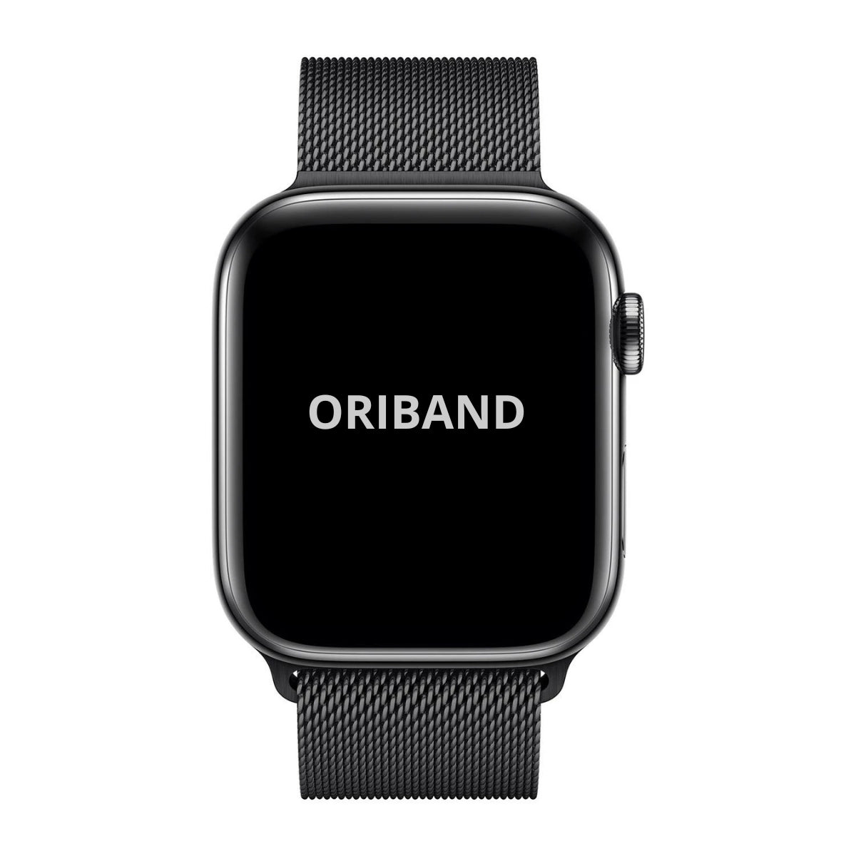 Black Apple watch with Milanese band on a white background, featuring the brand 'ORIBAND'.
