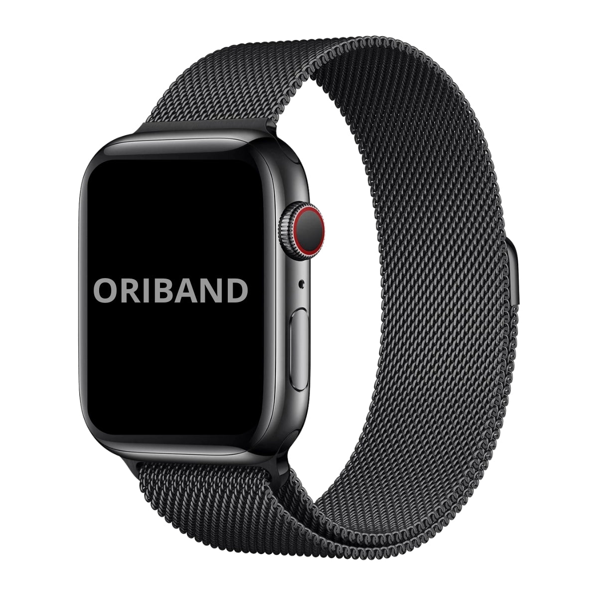 Apple Watch with a black Milanese band on a white background, featuring the brand 'Oriband'.
