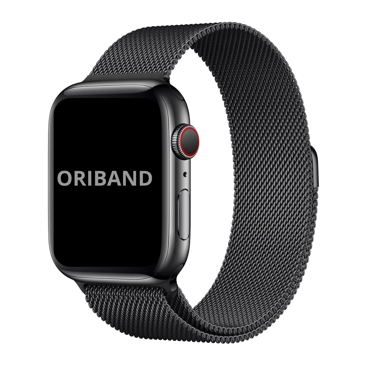 Black Milanese Loop band for Apple Watch with magnetic clasp, sleek stainless steel mesh design on white background.