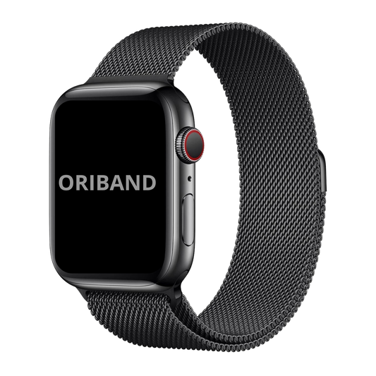 Black Milanese Loop band for Apple Watch with magnetic clasp, sleek stainless steel mesh design on white background.