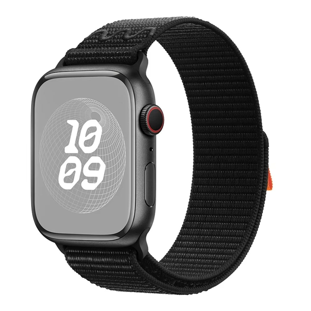 Black nylon sport loop band, clean minimalist look with flexible wear.