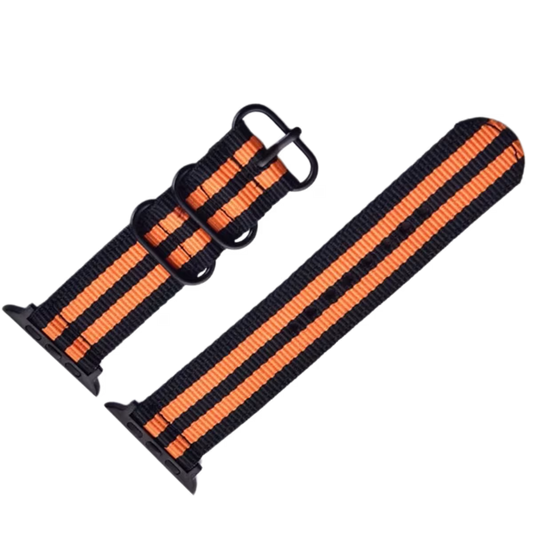 Black Orange two-pieces nylon nato strap for apple watch band with black buckle & black connectors.