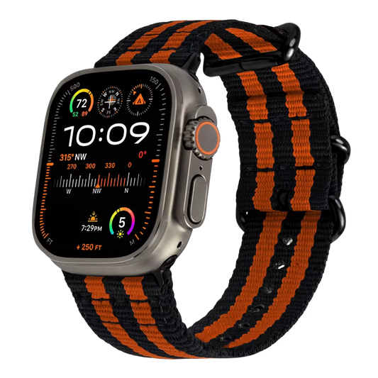 Apple watch ultra with a Black Orange Nato strap & black buckle on a transparent background
