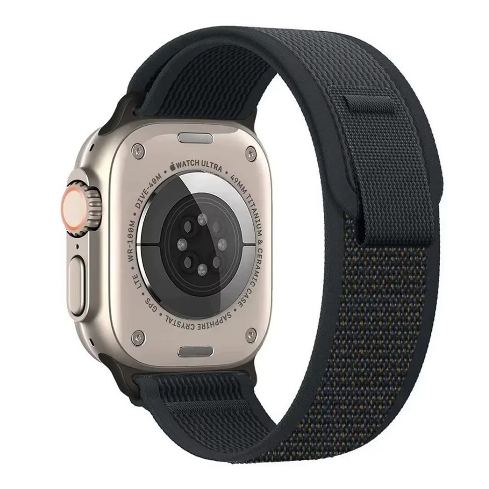 Black Trail Loop Apple Watch band with black connector front side– sleek, durable nylon strap designed for comfort and performance.