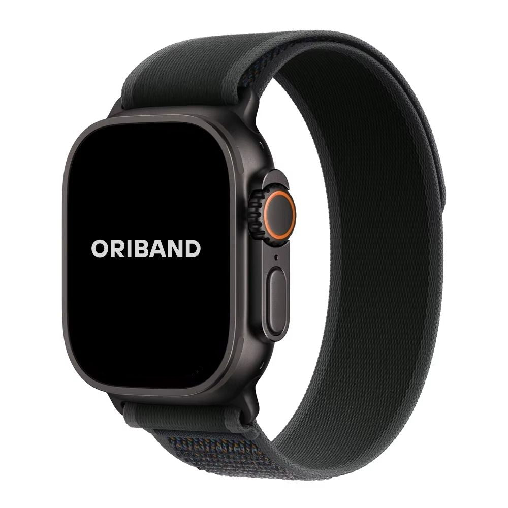 Black Trail Loop Apple Watch band with black connector – sleek, durable nylon strap designed for comfort and performance.