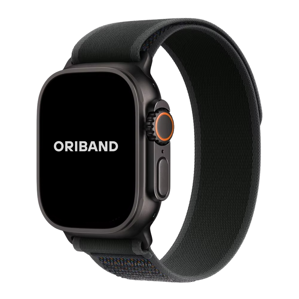 Black Trail Loop Apple Watch band with black connector – sleek, durable nylon strap designed for comfort and performance.