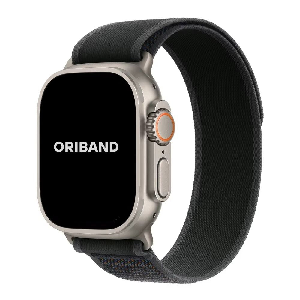 Black Trail Loop Apple Watch band with silver connector – rugged yet lightweight nylon strap built for daily wear and outdoor use.