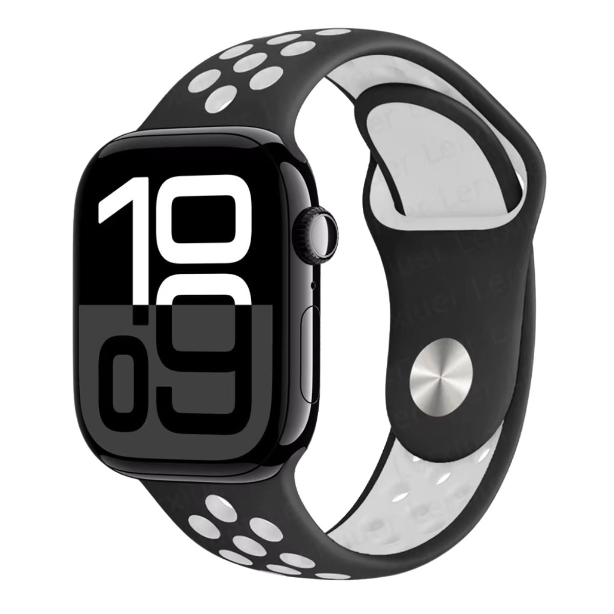 Black Apple Watch series 10 with a black and white Silicone sports Nike band on a white background